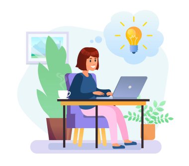 Dizüstü bilgisayarlı genç bir kadın sandalyede oturuyor. Pastel renk. Kabarcıktaki sarı ampul