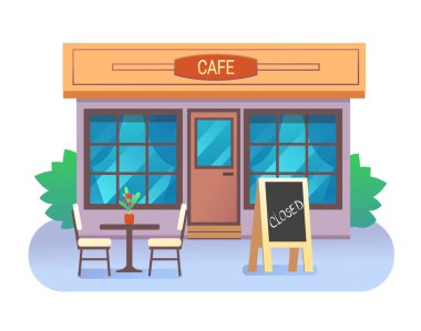 Kafe binası masa, sandalye ve ahşap çerçeveyle kapatılmış. Vektör illüstrasyonu.