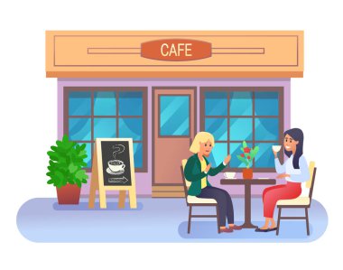 Kafe binası masa, sandalye ve yazı ile ahşap çerçeveyle kapatıldı. Vektör illüstrasyonu.