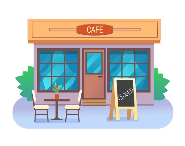 Cafe Gebouw Gesloten Met Tafel Stoelen Tekst Houten Frame Vectorillustratie — Stockvector