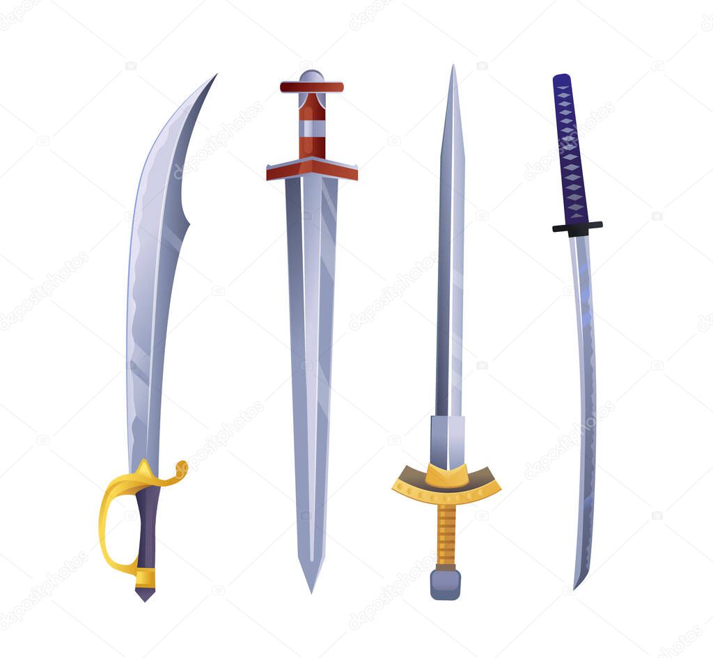 Set of cartoon game swords isolated on white. Vector illustration.