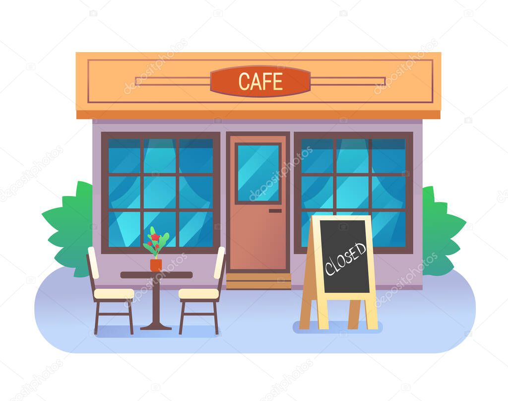 Cafe building closed with table, chairs and text in wooden frame. Vector illustration.