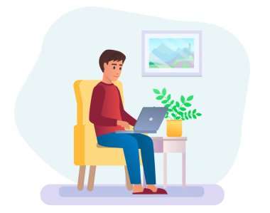 Ev vektör ilüstrasyonunda çalışan genç bir adam. Dizüstü bilgisayarı koltukta oturan serbest çalışan bir karakter. Merkez Ofis.