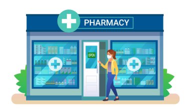 Maskeli genç bir kadın eczane binasına gidiyor. Vektör illüstrasyonu