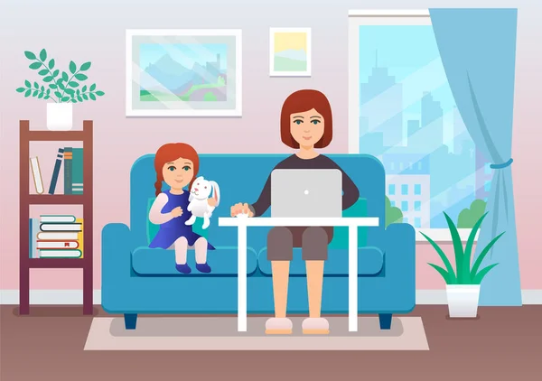 Ilustración Una Joven Que Trabaja Casa Con Hijo Estilo Plano — Vector de stock