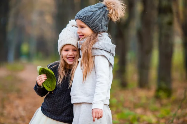 Två bedårande flickor i skogen på varma soliga höstdag — Stockfoto