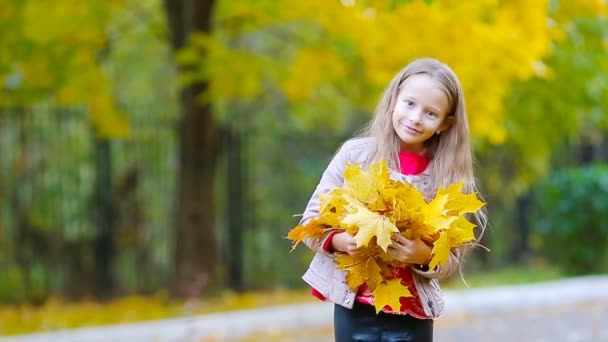 Portret uroczej dziewczynki z żółtymi i pomarańczowymi liśćmi bukiet na świeżym powietrzu w piękny jesienny dzień — Wideo stockowe