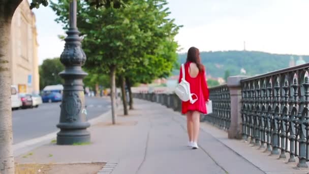 Щаслива молода жінка з картою міста в Європі славетним мостом. Подорожуйте туристкою з мапою просто неба під час канікул в Європі.. — стокове відео