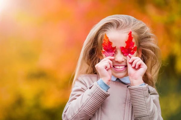 Retrato de niña adorable con hojas amarillas y naranjas al aire libre en hermoso día de otoño —  Fotos de Stock