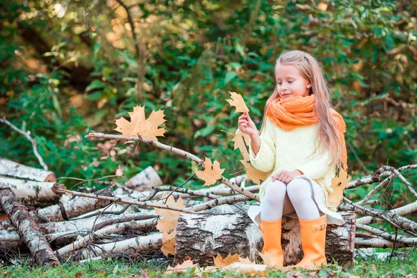 Liten flicka som leker med lämnar i höst park utomhus — Stockfoto