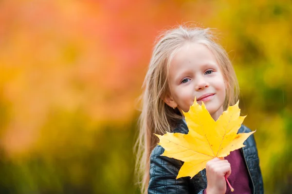 Portrait of adorable little girl with yellow leaves at beautiful autumn day — Stock Photo, Image