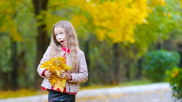 Маленькая девочка на открытом воздухе в прекрасный осенний день, играя с листьями — стоковое видео