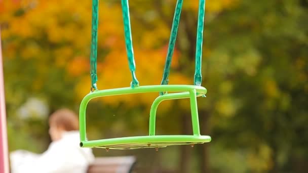 Closeup empty swing in autumn park outdoors — Stock Video