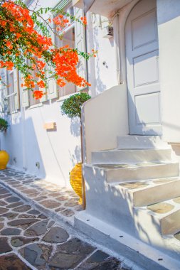 Dar sokaklar mavi balkon, merdiven, beyaz evler ve Yunanistan güzel köy çiçeklenir. Bina dış Mykonos Kiklad tarzı ile güzel mimari