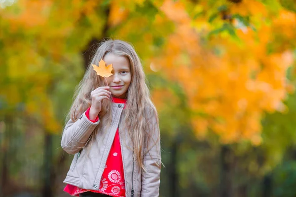 Incroyable petite fille en plein air lors d'une belle journée chaude dans le parc d'automne avec feuille jaune en automne — Photo