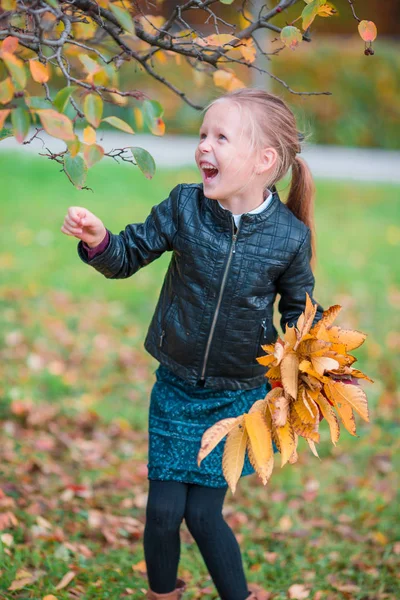 Porträtt av bedårande liten flicka med gula blad bukett i höst — Stockfoto