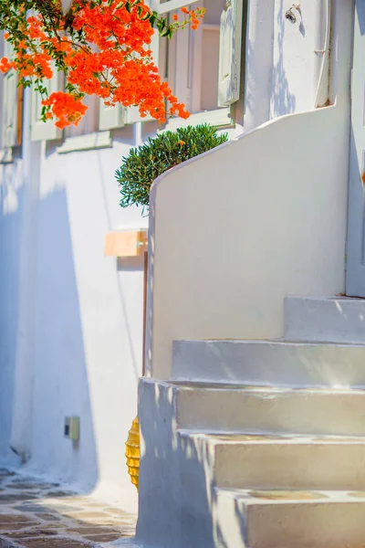 The narrow streets with blue balconies, stairs, white houses and flowers in beautiful village in Greece. Beautiful architecture building exterior with cycladic style in Mykonos — Stock Photo, Image