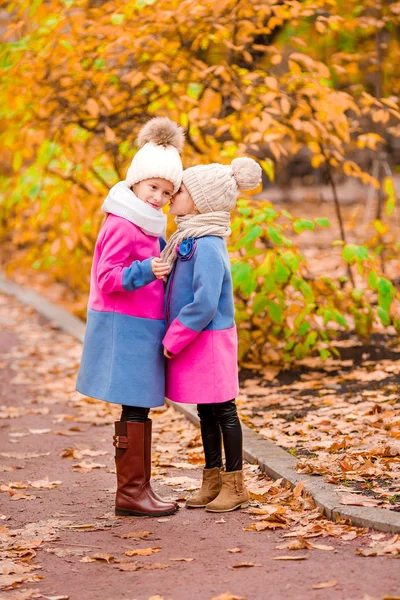 Pequenas garotas adoráveis jogando no belo parque de outono ao ar livre — Fotografia de Stock