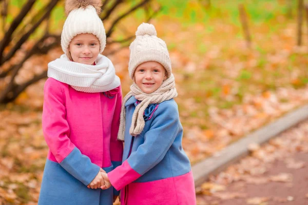 Two adorable girls in the park at warm sunny autumn day — Stock Photo, Image
