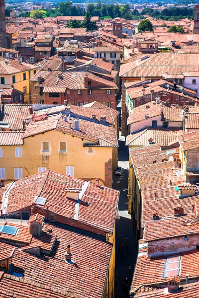 Vista sobre la ciudad italiana Lucca con techos típicos de terracota . — Foto de Stock