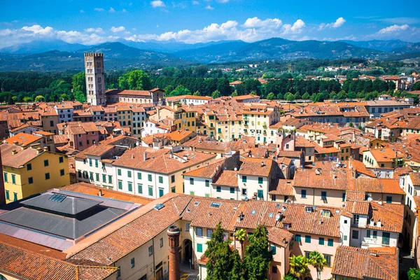 Luftaufnahme eines antiken Gebäudes mit roten Dächern in Lucca, Italien — Stockfoto