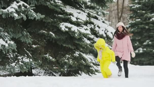 Familie spelen sneeuwballen buiten in de winterdag — Stockvideo