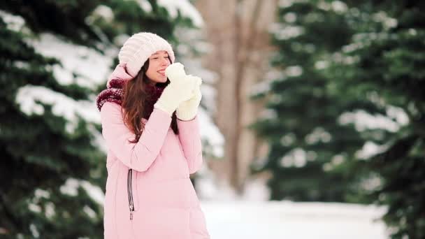 快乐的女孩，在大雪天气，在户外上美丽的冷一天 — 图库视频影像