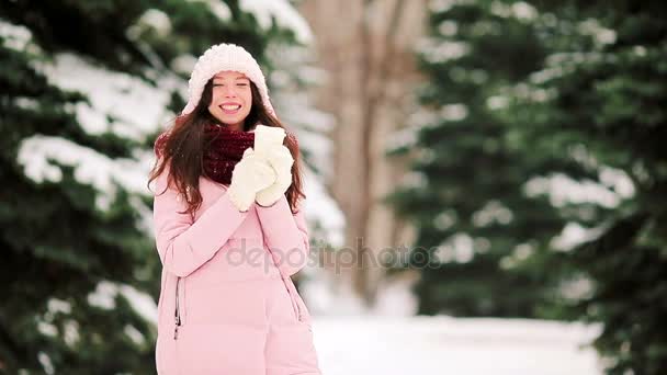 美丽的女人，喝杯咖啡去户外美丽的冬天下雪天 — 图库视频影像