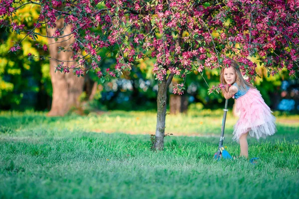 Kleines Mädchen hat Spaß auf Roller im blühenden Apfelbaumgarten am Frühlingstag — Stockfoto