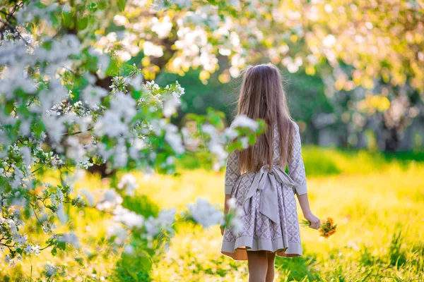 Adorable niña en el jardín de manzanos en flor en el día de primavera —  Fotos de Stock