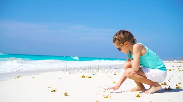 Adorable petite fille à la plage pendant les vacances d'été dessin sur sable — Video