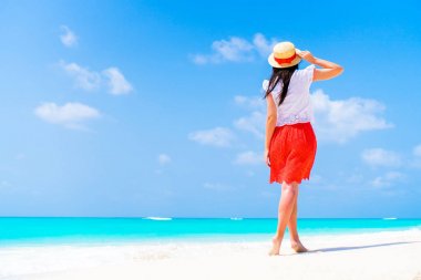 Tropik sahil üzerinde genç güzel kadın. Arkadan görünüşü genç kız arka plan deniz