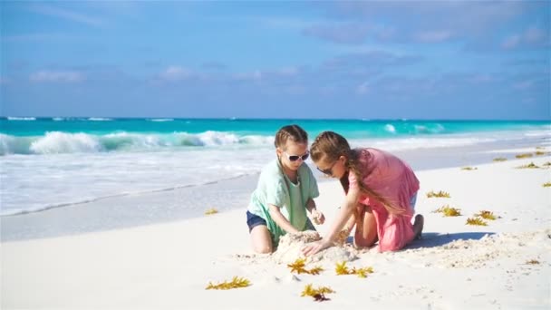 Adorable little kids play with sand on the white beach — Stock Video
