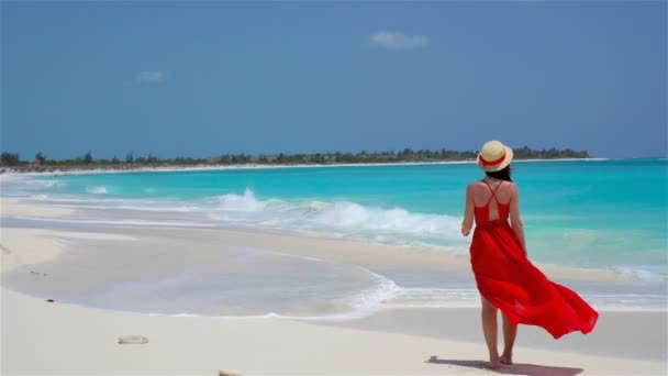 Jovem mulher bonita na costa tropical. Visão traseira da menina em belo fundo vestido o mar — Vídeo de Stock