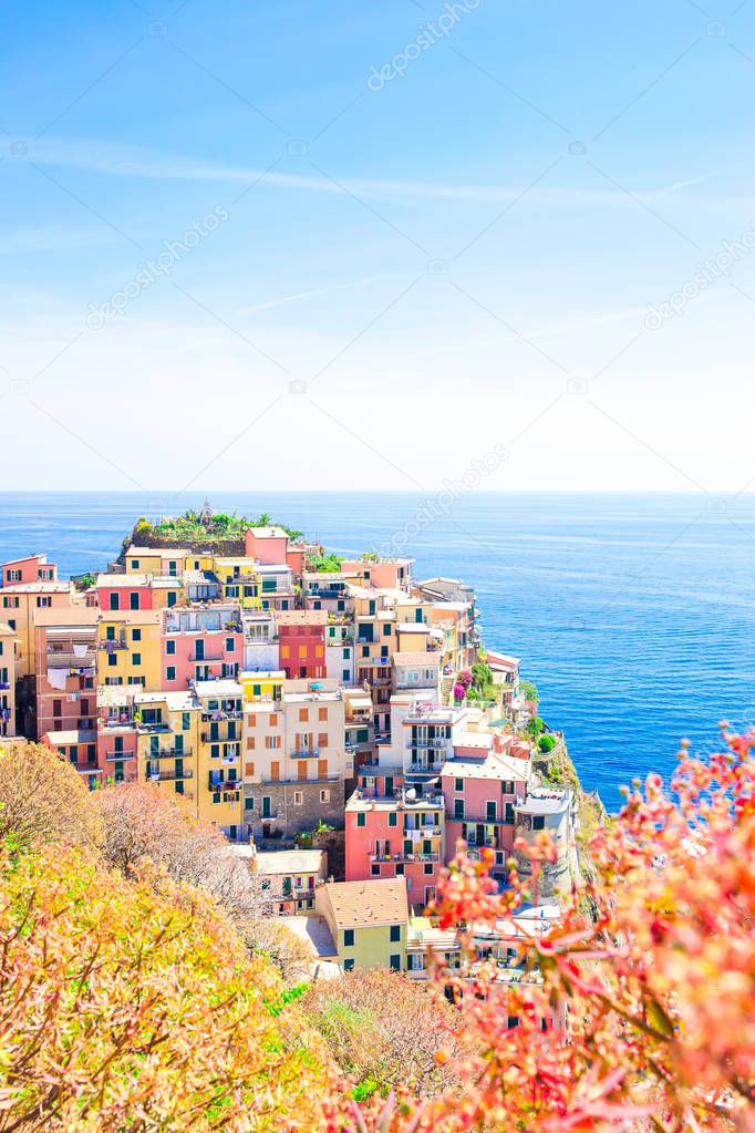 Amazing view of the beautiful village of Manarola from above in Cinque Terre reserve. Liguria region of Italy.