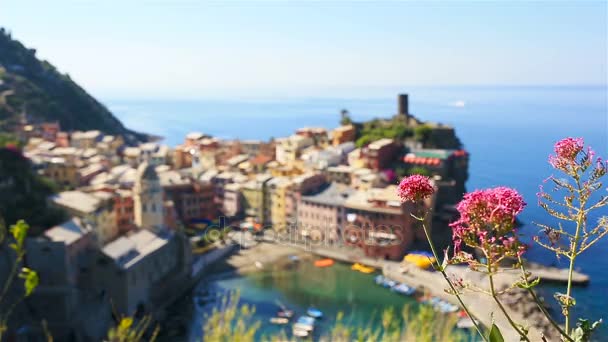 Hermosa vista de Vernazza desde arriba. Uno de los cinco pueblos coloridos famosos del Parque Nacional Cinque Terre en Italia. MOCIÓN LENTA — Vídeo de stock