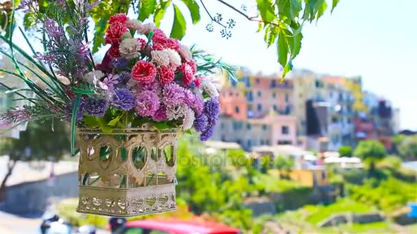 Uno de los antiguos cinco famosos pueblos coloridos del Parque Nacional Cinque Terre en Italia. Primer plano de las hermosas flores — Vídeo de stock