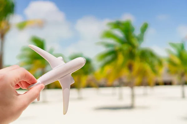 Pequena miniatura branca de um avião no fundo de praia exótica e palmtrees — Fotografia de Stock