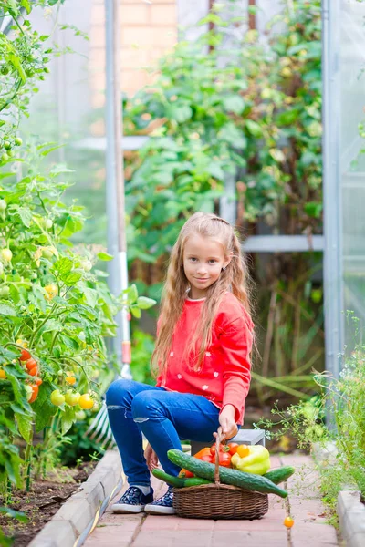 Adorable little girl in greenhouse in summer day — Stock Photo, Image