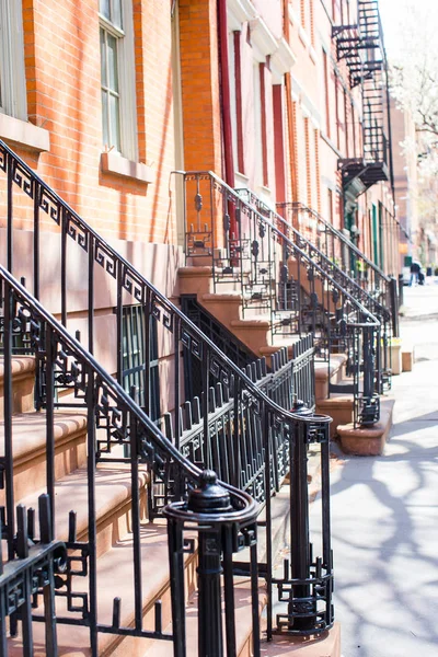 Old houses with stairs in the historic district of West Village — Stock Photo, Image