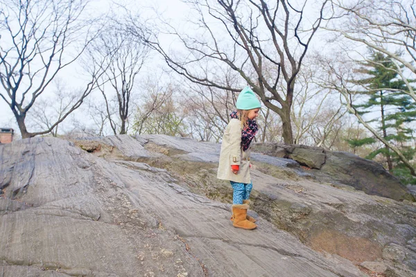 Adorabile bambina su grandi pietre a Central Park a New York — Foto Stock