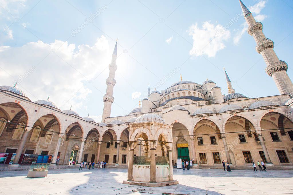 Courtyard of Blue Mosque - Sultan Ahmed or Sultan Ahmet Mosque in Istanbul city.