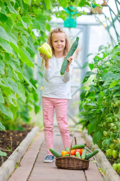 Adorable little girl harvesting in greenhouse. Portrait of kid with big cucumber and pepper in hands — Stock Photo, Image