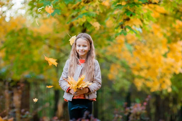 Sevimli küçük kız güzel parkta sonbahar yaprakları ile — Stok fotoğraf