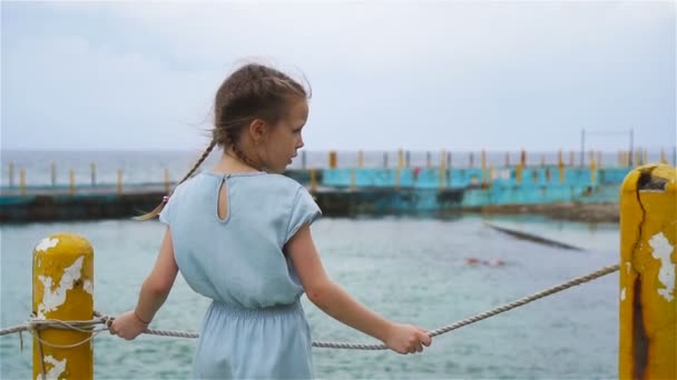 Rozkošná holčička na pláži během letních prázdnin. Pohled zezadu-Kid s výhledem na moře. Zpomalený pohyb — Stock video