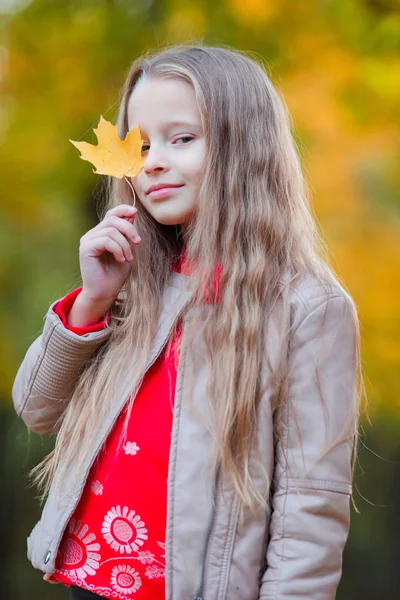 Adorable niña con hojas de otoño en el hermoso parque —  Fotos de Stock