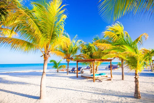 Egzotik tropik boş kumlu plaj şemsiye ve plaj yatak ile cennet görünümünü