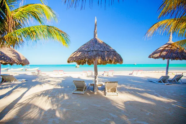 Beach sunbeds on white beach — Stock Photo, Image