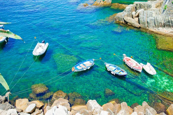 Piękny przytulny bay z łodzi i jasne turkusowe wody w Europie wybrzeża, Manarola, Liguria, Włochy — Zdjęcie stockowe