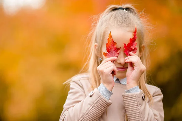 Adorável menina ao ar livre no belo dia quente no parque de outono com folha amarela no outono — Fotografia de Stock